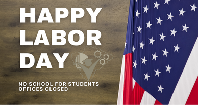 Happy Labor Day logo with flag on wood background
