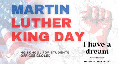 Martin Luther King Jr Day - flag background with hand forming fist and "I have a dream" text