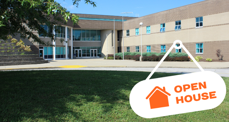 Exterior of Lynn Camp Middle High School with open house text on image.